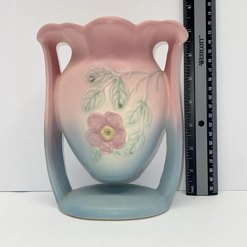 Vintage 1940's Hull Art Pottery Vase 502-6 1/2 Dogwood Wild Rose Pink Blue USA